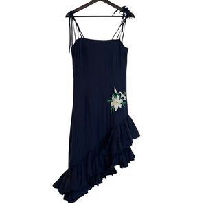 Fanm Mon Freda Asymmetrical Ruffle Linen Midi Dress Indigo Blue Small NWT Party